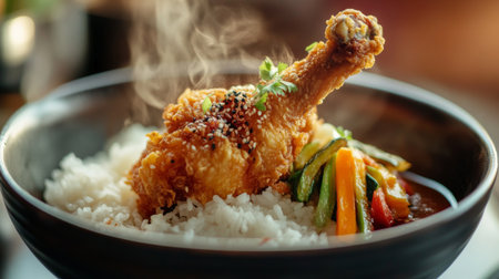 A beautifully presented bowl of crispy fried chicken drumstick resting on steaming white rice, garnished with fresh herbs and colorful vegetables, showcasing a savory meal.の素材