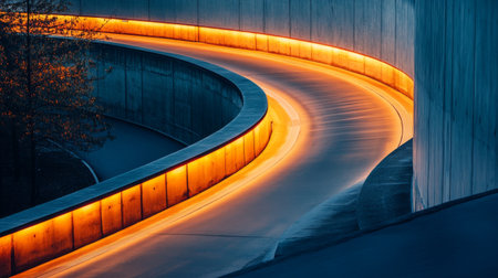 A captivating urban nightscape featuring a curving road illuminated by warm wall lights. The smooth asphalt contrasts with the sleek architecture, inviting exploration.の素材