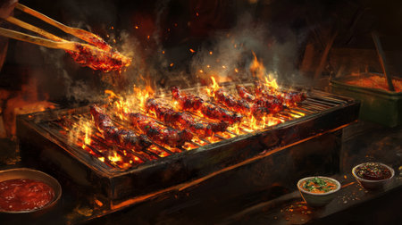 Experience the sizzling excitement of grilled meat cooking over open flames. This vibrant image showcases a delicious barbecue setup with sauces, perfect for food lovers.の素材