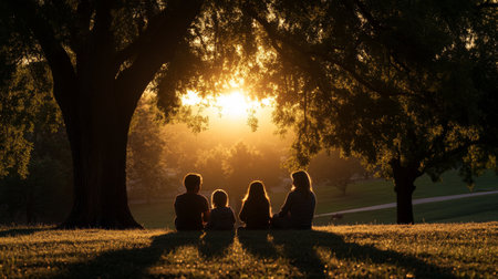 A family gathers under the silhouette of a tree during a stunning sunset, enjoying a moment of togetherness and tranquility in the natural landscape.の素材