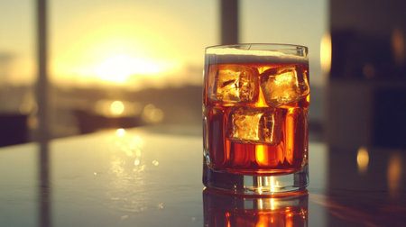 A beautifully captured glass of amber beverage filled with ice cubes resting on a table during a stunning sunset, creating a serene and relaxing atmosphere.の素材