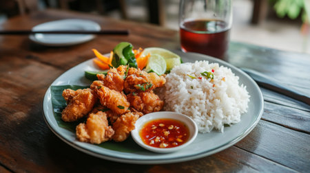A vibrant and appetizing dish featuring crispy fried chicken paired with fragrant rice and fresh vegetables, accompanied by a flavorful dipping sauce. Perfect for any meal.の素材