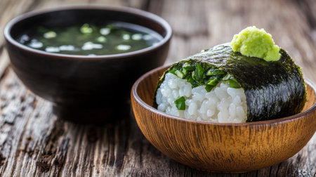 Enjoy a vibrant sushi roll made with fresh ingredients, served with wasabi and soup. A perfect choice for a healthy meal on a rustic table setting.の素材
