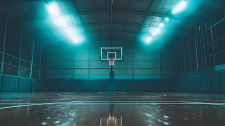 A tranquil indoor basketball court featuring dramatic lighting and an empty space, perfect for showcasing the energy and motion of the game.の素材