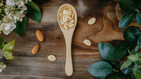 A beautiful arrangement featuring a wooden spoon filled with nuts and seeds on a rustic wooden surface. Ideal for promoting healthy eating and kitchen aesthetics.の素材