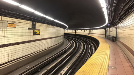 An underground train station featuring curved tracks and a yellow safety line. The tiled walls and bright lighting create a modern and clean urban space.の素材