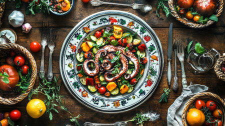 A vibrant Mediterranean dish featuring grilled octopus atop a bed of fresh vegetables and herbs, artistically arranged for a stunning culinary presentation.の素材