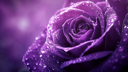 A captivating close-up of a purple rose petal adorned with shimmering water droplets, set against a soft light background, showcasing natural beauty and elegance.の素材