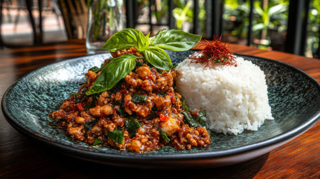 This exquisite plate features Thai basil chicken served with fluffy jasmine rice, garnished with fresh basil and spices, perfect for a delightful meal.の素材