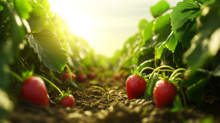 A serene field of lush green strawberry plants with ripe red strawberries basking in warm sunlight. This picturesque scene captures the essence of fresh produce and sustainable agriculture.の素材