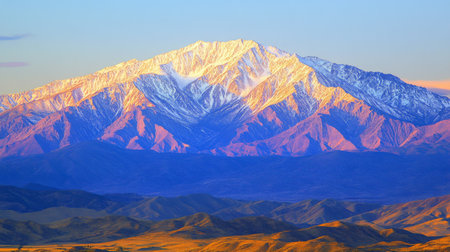 Breathtaking view of a majestic snow-capped mountain range at sunrise. The vibrant colors and rugged terrain create a serene outdoor experience perfect for nature lovers.の素材