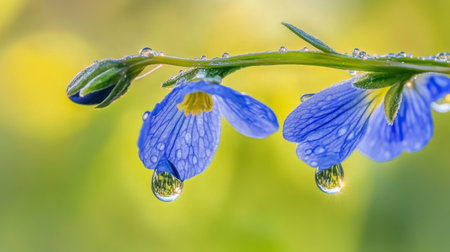 This stunning macro image features delicate blue flowers adorned with water droplets, set against a soft green background, capturing the essence of nature's beauty.の素材