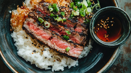 An inviting image of a steak rice bowl with a beautifully charred steak on top of fluffy rice, accompanied by a small bowl of soy sauce and garnished with green onionsの素材