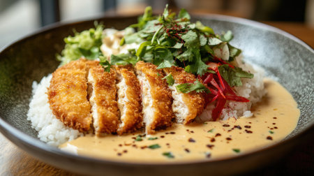 An inviting close-up of a bowl filled with creamy curry sauce poured over fluffy rice and crispy tonkatsu, garnished with a sprinkle of fresh herbs for added colorの素材