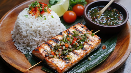 An inviting image of grilled salmon served with a side of fragrant rice and fresh herbs, highlighting the delicious flavors and beautiful presentation of the mealの素材