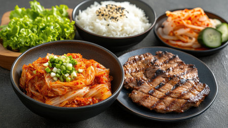 An inviting table setting featuring a bowl of kimchi, a plate of grilled meat, and a side of rice, creating a deliciously tempting presentation of a Korean mealの素材