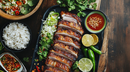 An overhead shot of a vibrant meal featuring fried pork belly served with rice, fresh herbs, and dipping sauces, creating a colorful and appetizing displayの素材