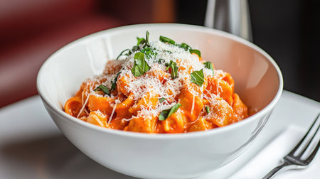 A bowl of creamy uni pasta topped with grated cheese and fresh herbs, elegantly styled with a fork resting beside it, emphasizing a gourmet seafood dishの素材
