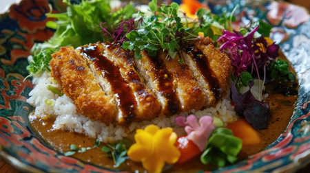 A beautiful presentation of curry rice with tonkatsu on a decorative plate, surrounded by fresh vegetables and herbs, showcasing the art of Japanese meal platingの素材