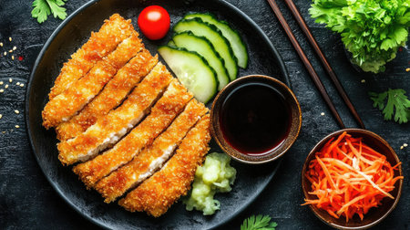 A beautiful overhead view of tonkatsu served with a colorful side of pickled vegetables and a small dish of dipping sauce, emphasizing the vibrant colors and texturesの素材