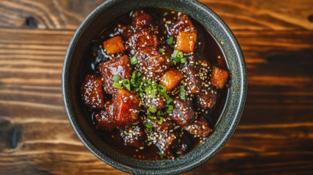 A bowl of braised pork belly in a rich soy-based sauce, garnished with green onions and sesame seeds, served on a wooden tableの素材