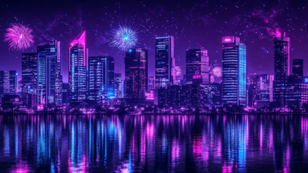 A stunning night view of a vibrant city skyline illuminated by colorful fireworks. The reflection on the water adds to the festive atmosphere, showcasing the beauty of urban architecture.の素材