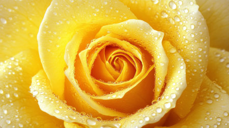 A stunning close-up of a vibrant yellow rose adorned with delicate dew drops, capturing the beauty of nature in soft light. Perfect for floral themes.の素材