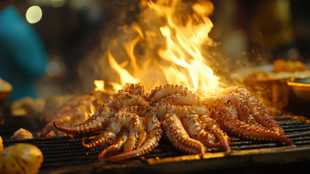 Succulent octopus is grilling over vibrant flames, creating a smoky aroma. This outdoor food market scene captures the excitement of cooking seafood.の素材