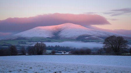 A tranquil winter landscape showcases a snow-covered mountain at sunrise, surrounded by misty valleys and frosty fields, evoking a sense of peace and beauty.の素材