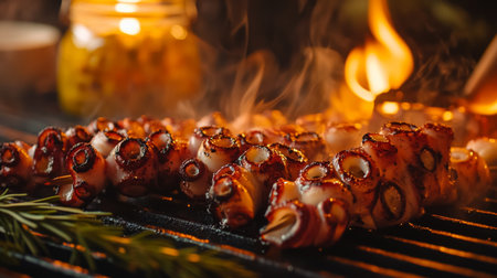 Juicy grilled octopus skewers sizzle over a hot barbecue, surrounded by smoke and flames. A perfect dish for summer gatherings or gourmet dining experiences.の素材