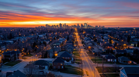 Captivating skyline view at dusk showcasing a vibrant sunset, city lights, and tranquil streets. The scene highlights the beauty of urban life and nature.の素材