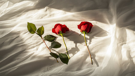 A delicate display of fresh red roses resting on soft white fabric, capturing the elegance and beauty of nature. Perfect for romantic themes.の素材