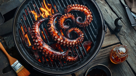 A vibrant image capturing an octopus grilling on a barbecue, showcasing flames and smoke. This striking visual highlights outdoor cooking, perfect for food enthusiasts and culinary projects.の素材