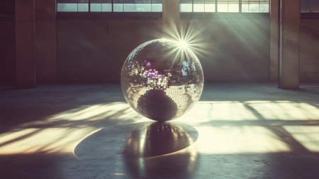 A dazzling disco ball shines in a spacious dance studio, casting colorful reflections and creating a vibrant atmosphere for any event or celebration.の素材