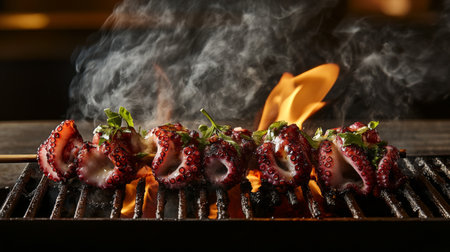 Juicy grilled octopus skewers ignite with flavor as smoke rises and flames dance, showcasing culinary artistry in a vibrant restaurant kitchen setting.の素材