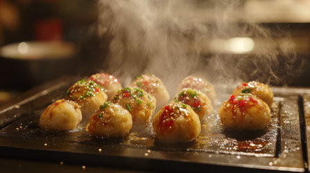 Steaming takoyaki balls sit on a hot grill, showcasing vibrant colors and savory toppings. This enticing Japanese street food radiates warmth and flavor.の素材