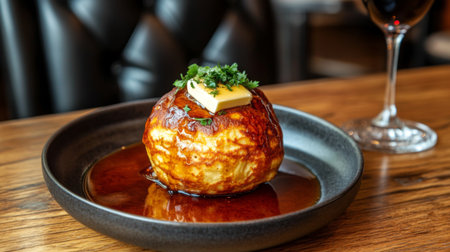 Indulge in a fluffy dessert topped with butter and a rich sweet sauce, presented beautifully on a wooden table, perfect for gourmet dining experiences.の素材