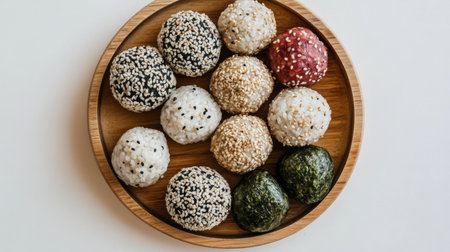 Delight in an array of rice balls topped with different seeds, artfully arranged on a wooden plate. This vibrant and healthy dish celebrates culinary simplicity.の素材