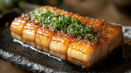 A beautifully presented grilled pork belly dish garnished with fresh green onion and seasoning on a textured black plate, perfect for food lovers.の素材