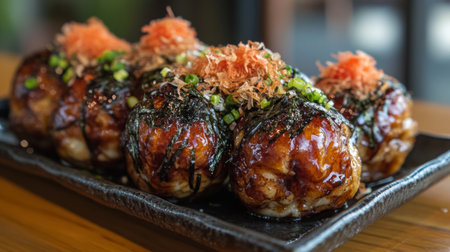 Savory takoyaki balls topped with bonito flakes and green onions, served on a sleek black plate. A delightful blend of flavors and textures perfect for any occasion.の素材