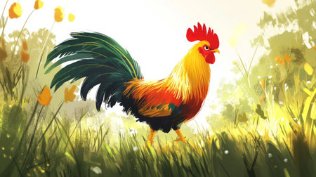 A vibrant illustration of a colorful rooster walking through a sunny meadow filled with flowers. The artwork captures the essence of rural life and nature's beauty.の素材
