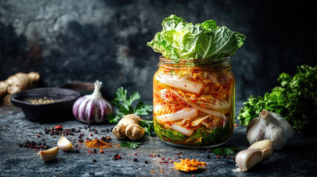 An artistic arrangement of kimchi leaves neatly packed in a jar, highlighting the layers of cabbage and spices, surrounded by fresh ingredients like garlic and gingerの素材