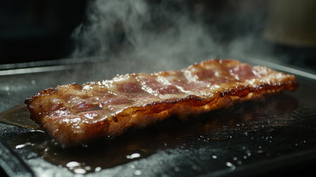 A close-up view of crispy bacon strips sizzling on a hot griddle, releasing steam and tantalizing aromas. Perfect for food-related themes.の素材