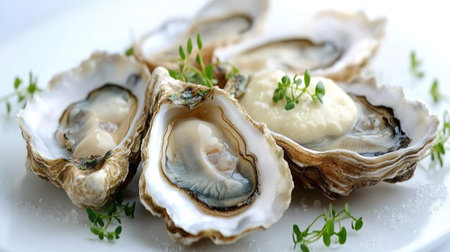 An elegant shot of oysters on the half shell, served with mignonette sauce and a sprinkle of microgreens, highlighting the fine dining aspect of seafood cuisineの素材