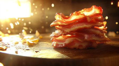 This image features crispy bacon stacked artistically on a wooden surface, illuminated by warm sunlight, emphasizing its texture and delicious appeal.の素材