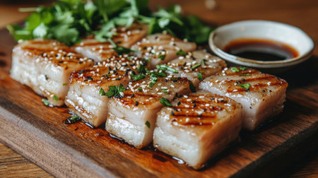 An elegant presentation of pork belly slices, served on a wooden board with fresh herbs, a side of dipping sauce, and a sprinkle of sesame seeds for added textureの素材