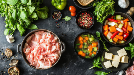 Vibrant display of fresh ingredients ideal for cooking, featuring vegetables, herbs, meat, and spices. Perfect for healthy meal preparation and recipe inspiration.の素材