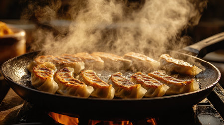 An elegant presentation of gyoza sizzling in a hot pan, with steam rising and a golden crust visible, emphasizing the deliciousness of this popular Japanese dishの素材