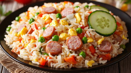A vibrant plate of fried rice featuring colorful vegetables, sausages, and a slice of cucumber. This dish showcases delicious flavors and textures, perfect for any meal setting.の素材