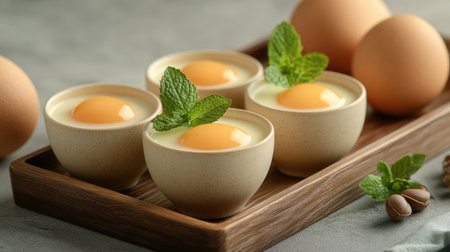 An elegant presentation of sweet egg custards in small ceramic cups, garnished with mint leaves and served on a wooden tray, highlighting the rich texture and shineの素材